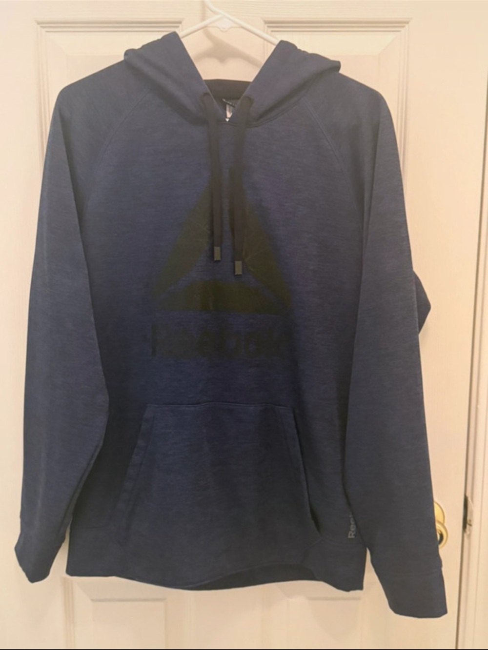 Reebok Men's Dark Blue Hoodie with Black Drawstrings